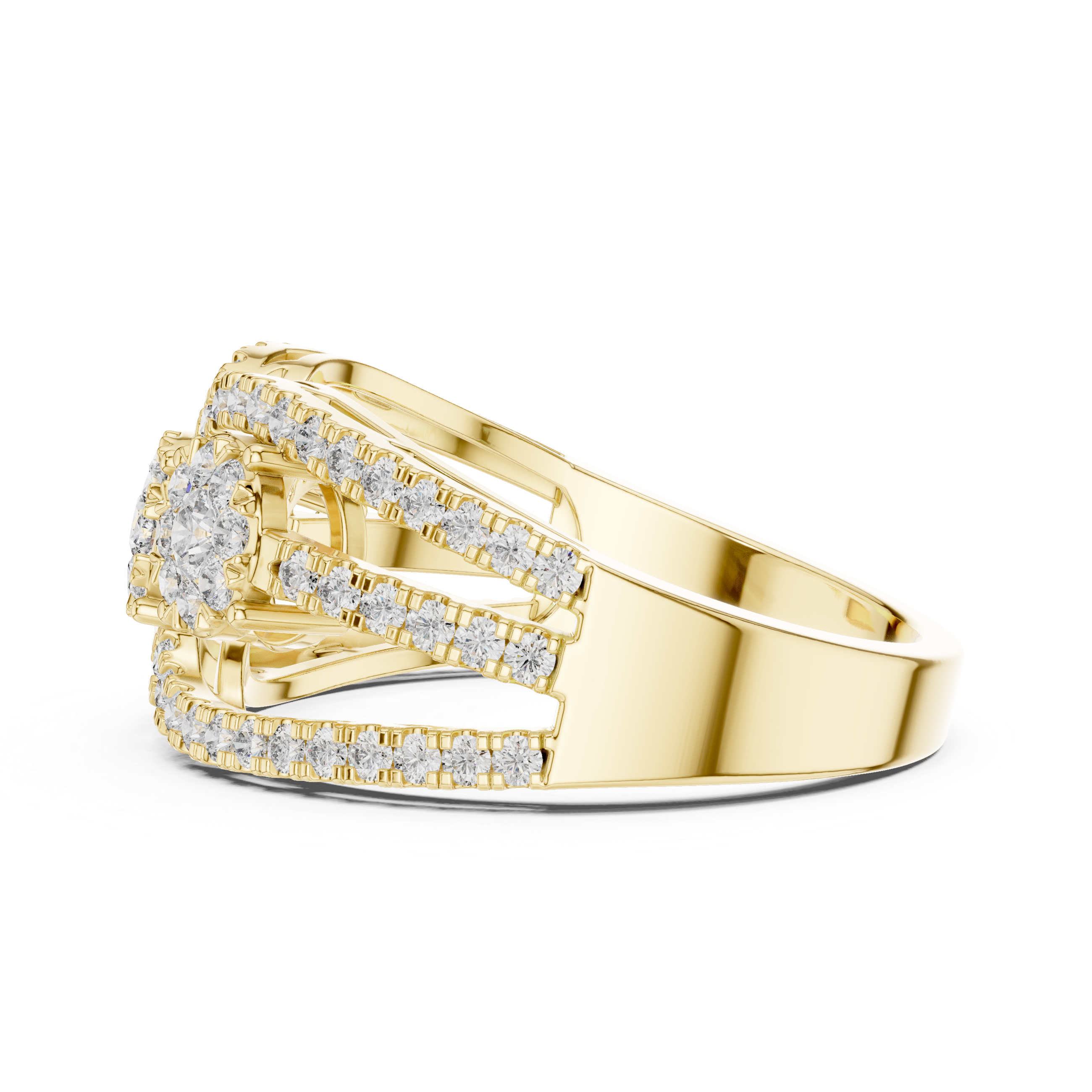 Round Brilliant Diamond Three Stone Halo Band Ring with Pavé Accents