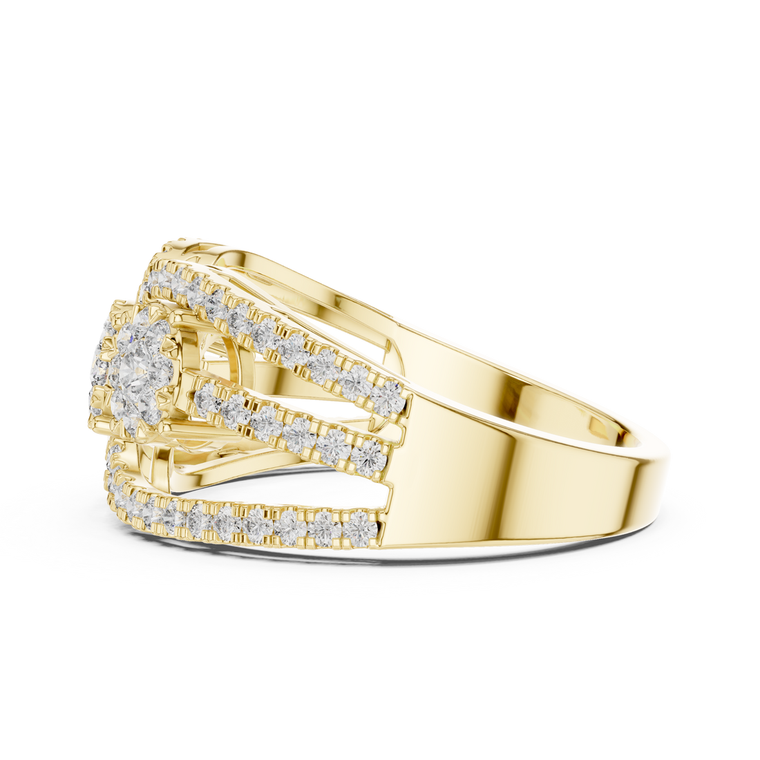 Round Brilliant Diamond Three Stone Halo Band Ring with Pavé Accents