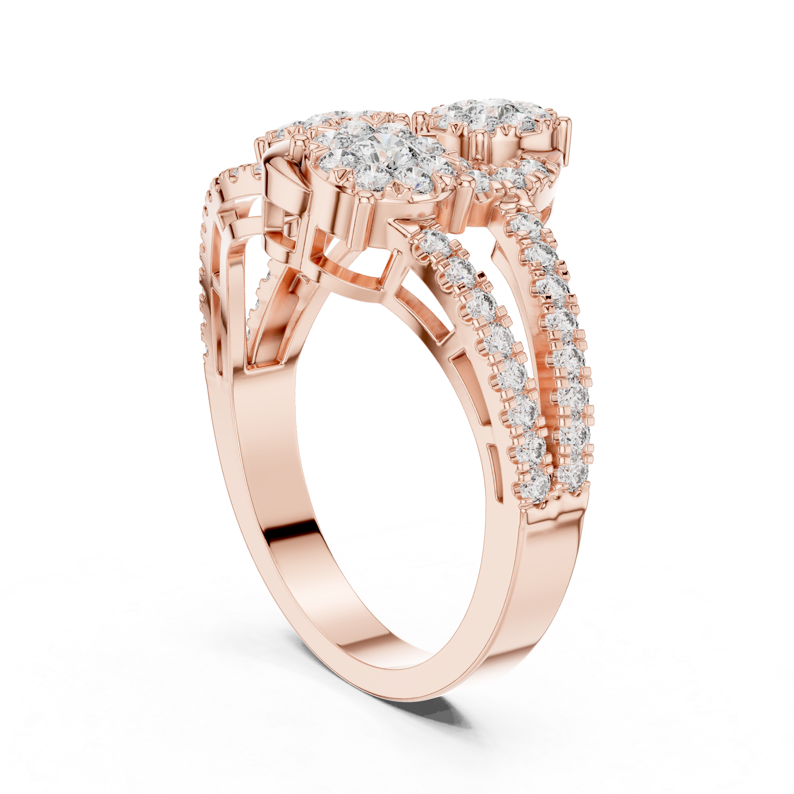 Round Cut Diamond Trio Halo Statement Ring with Pavé Accents