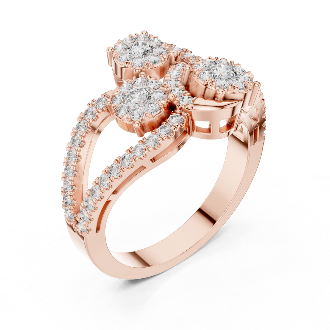 Round Cut Diamond Trio Halo Statement Ring with Pavé Accents