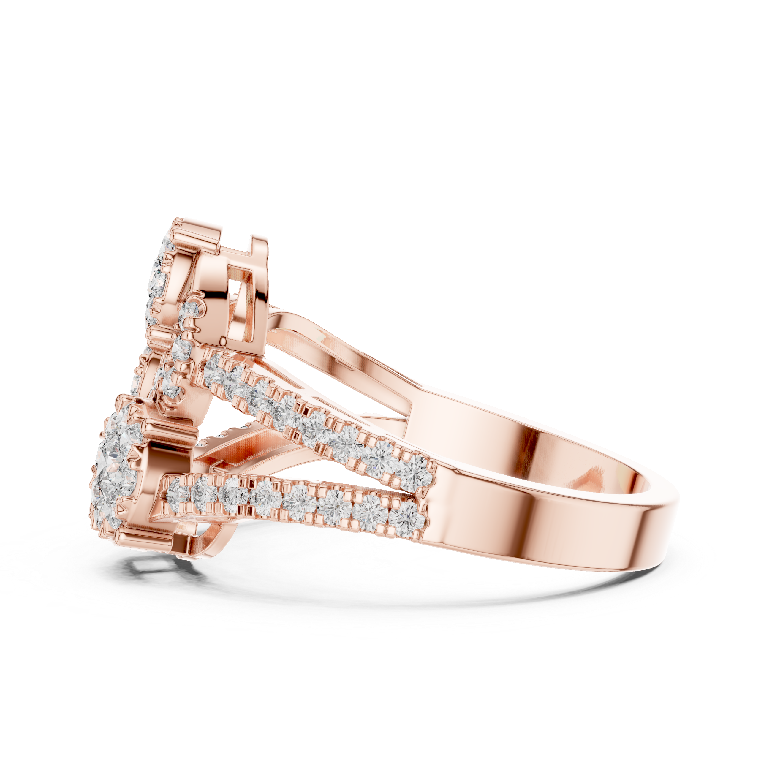 Round Cut Diamond Trio Halo Statement Ring with Pavé Accents