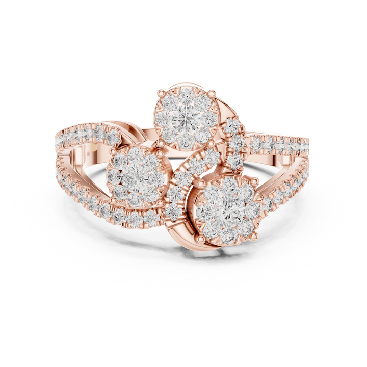Round Cut Diamond Trio Halo Statement Ring with Pavé Accents