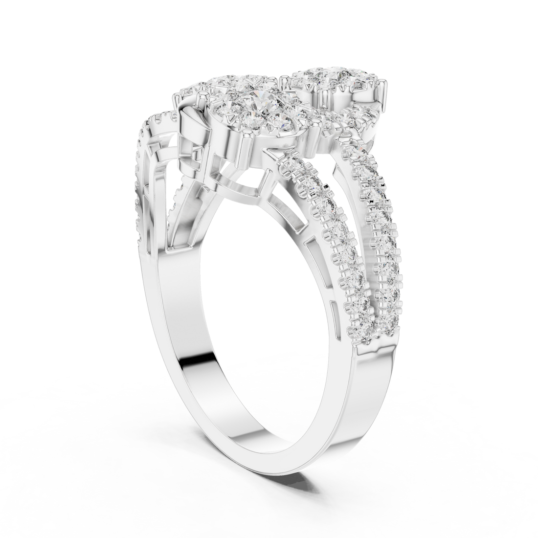 Round Cut Diamond Trio Halo Statement Ring with Pavé Accents