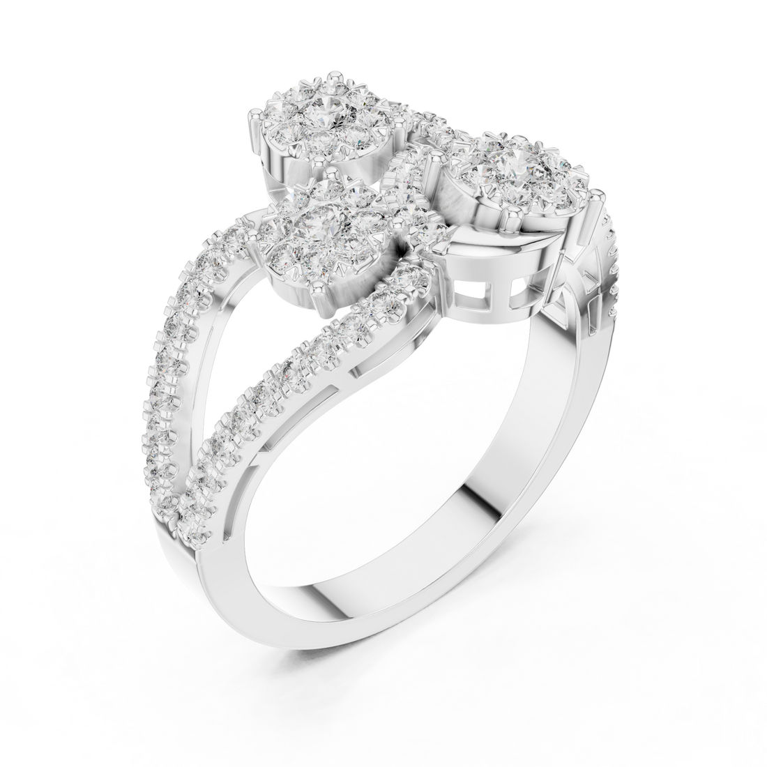 Round Cut Diamond Trio Halo Statement Ring with Pavé Accents
