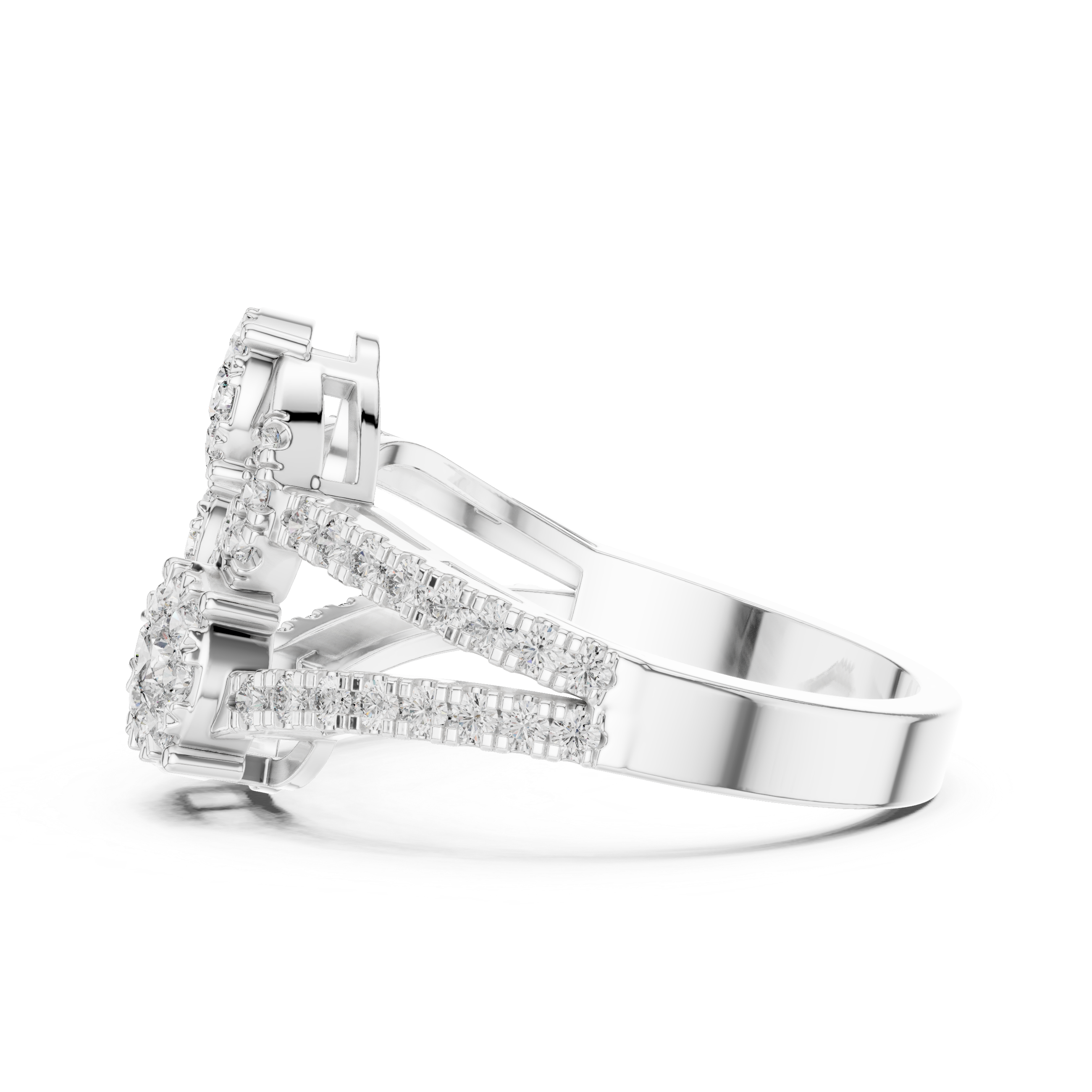 Round Cut Diamond Trio Halo Statement Ring with Pavé Accents