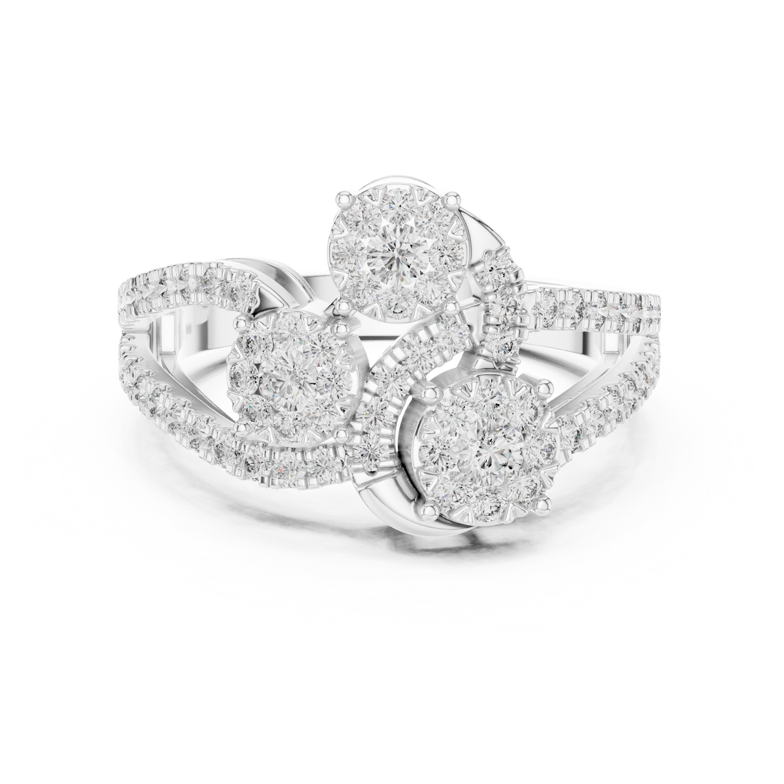 Round Cut Diamond Trio Halo Statement Ring with Pavé Accents