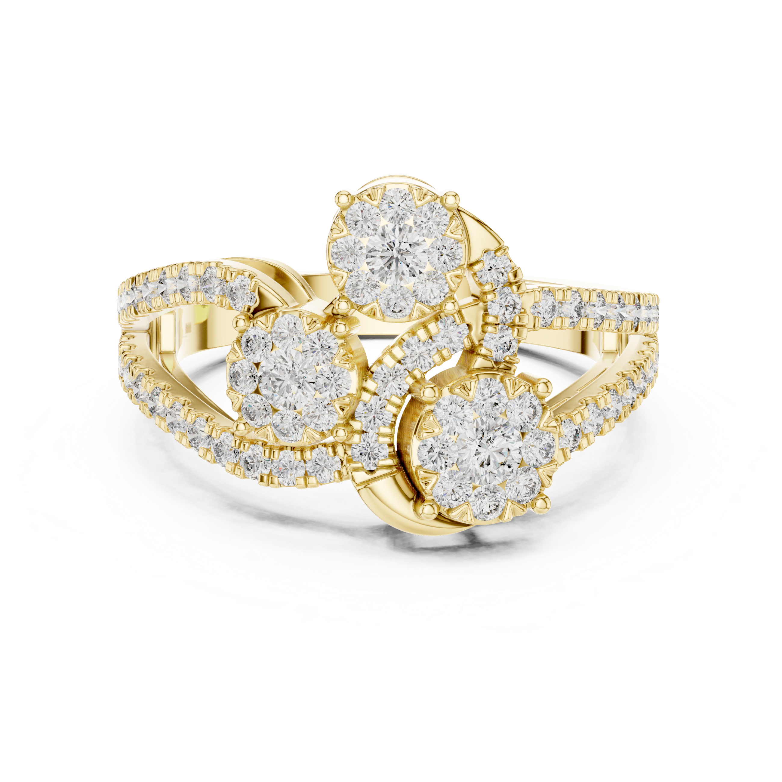 Round Cut Diamond Trio Halo Statement Ring with Pavé Accents