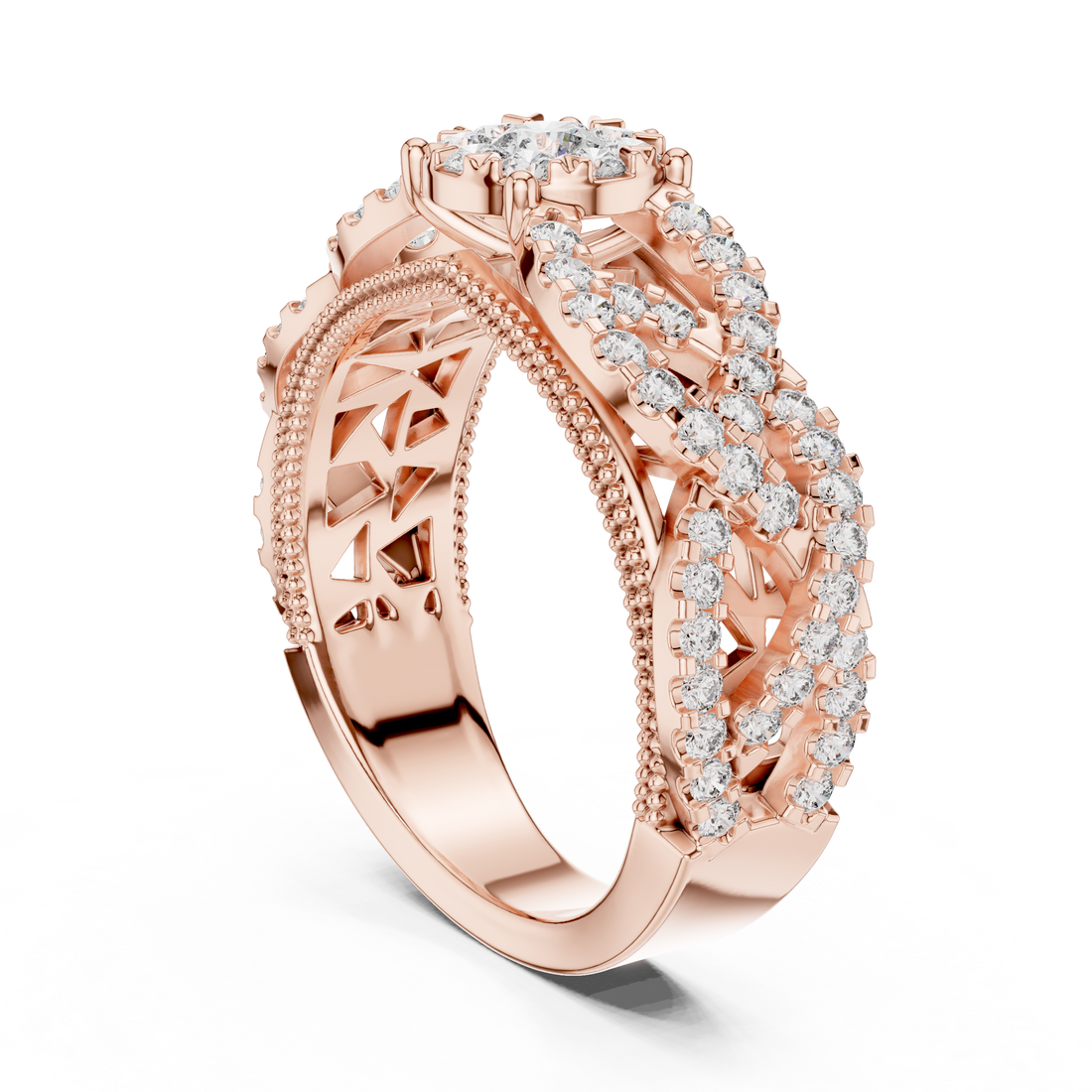 Round Cut Diamond Floral Cluster Band Ring with Pavé Side Accents