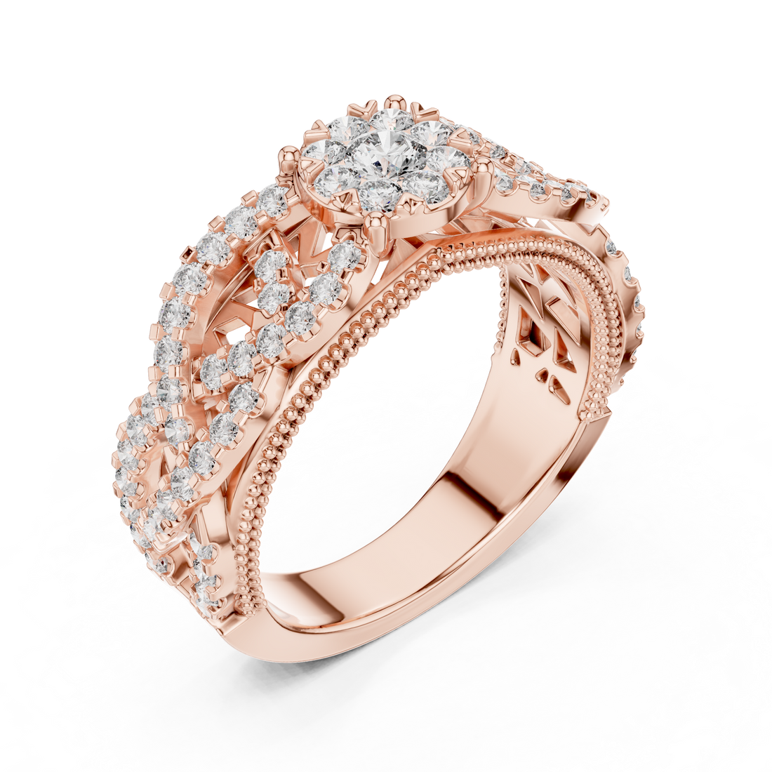 Round Cut Diamond Floral Cluster Band Ring with Pavé Side Accents