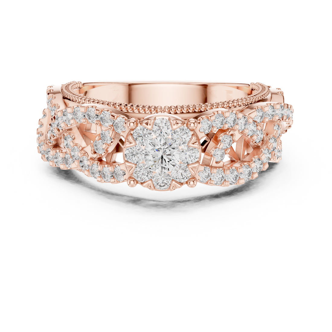 Round Cut Diamond Floral Cluster Band Ring with Pavé Side Accents