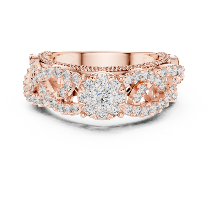 Round Cut Diamond Floral Cluster Band Ring with Pavé Side Accents