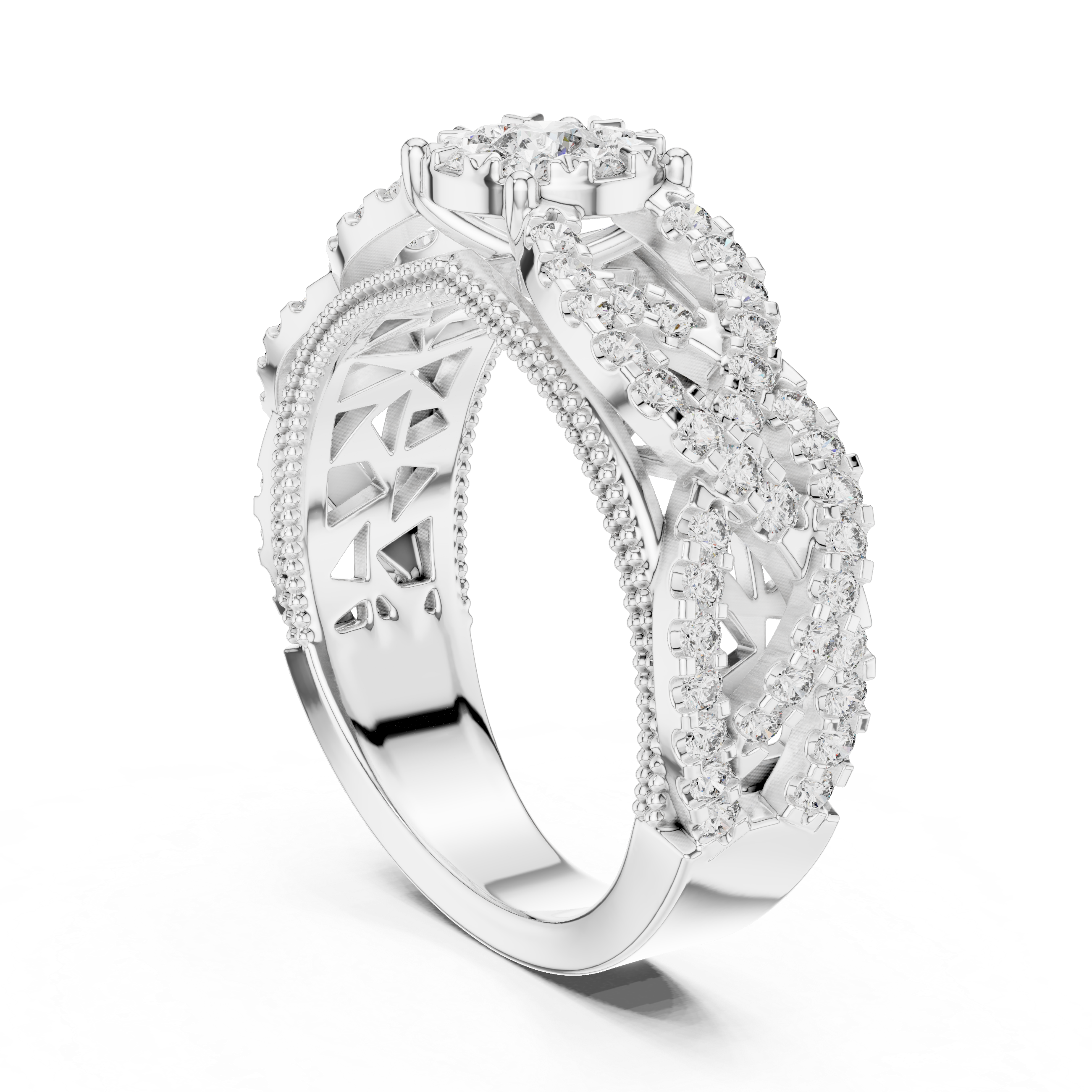 Round Cut Diamond Floral Cluster Band Ring with Pavé Side Accents