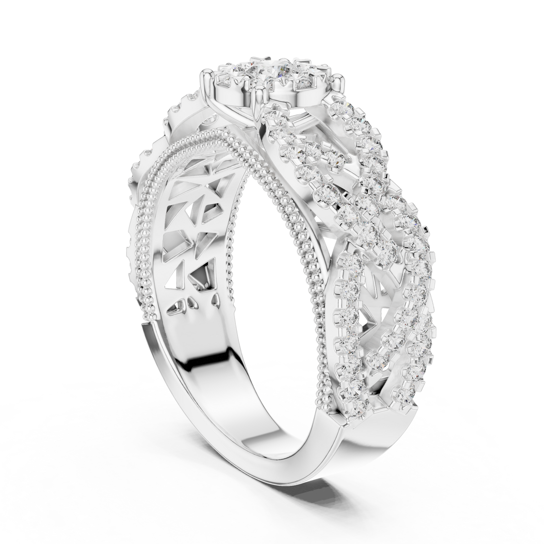 Round Cut Diamond Floral Cluster Band Ring with Pavé Side Accents