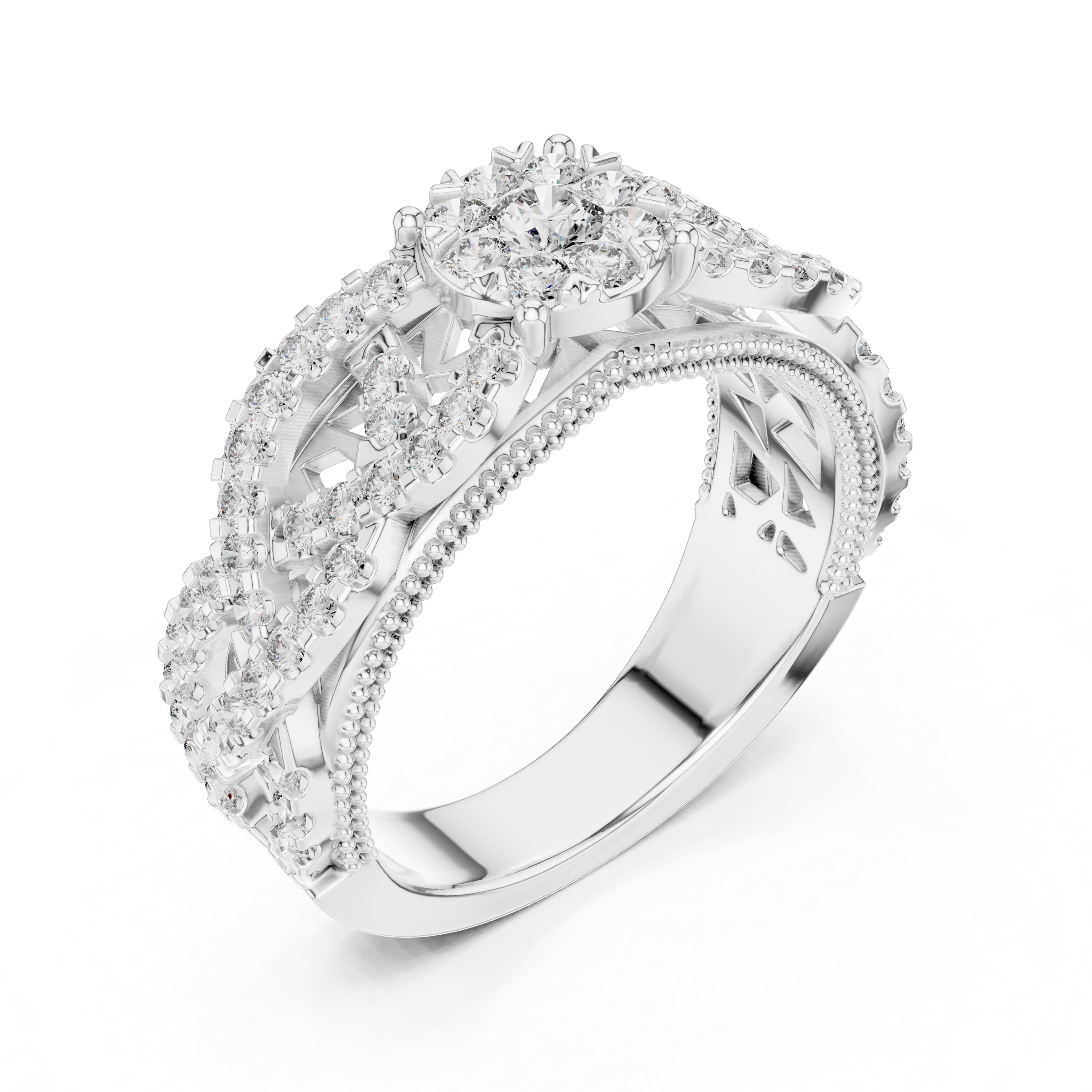 Round Cut Diamond Floral Cluster Band Ring with Pavé Side Accents