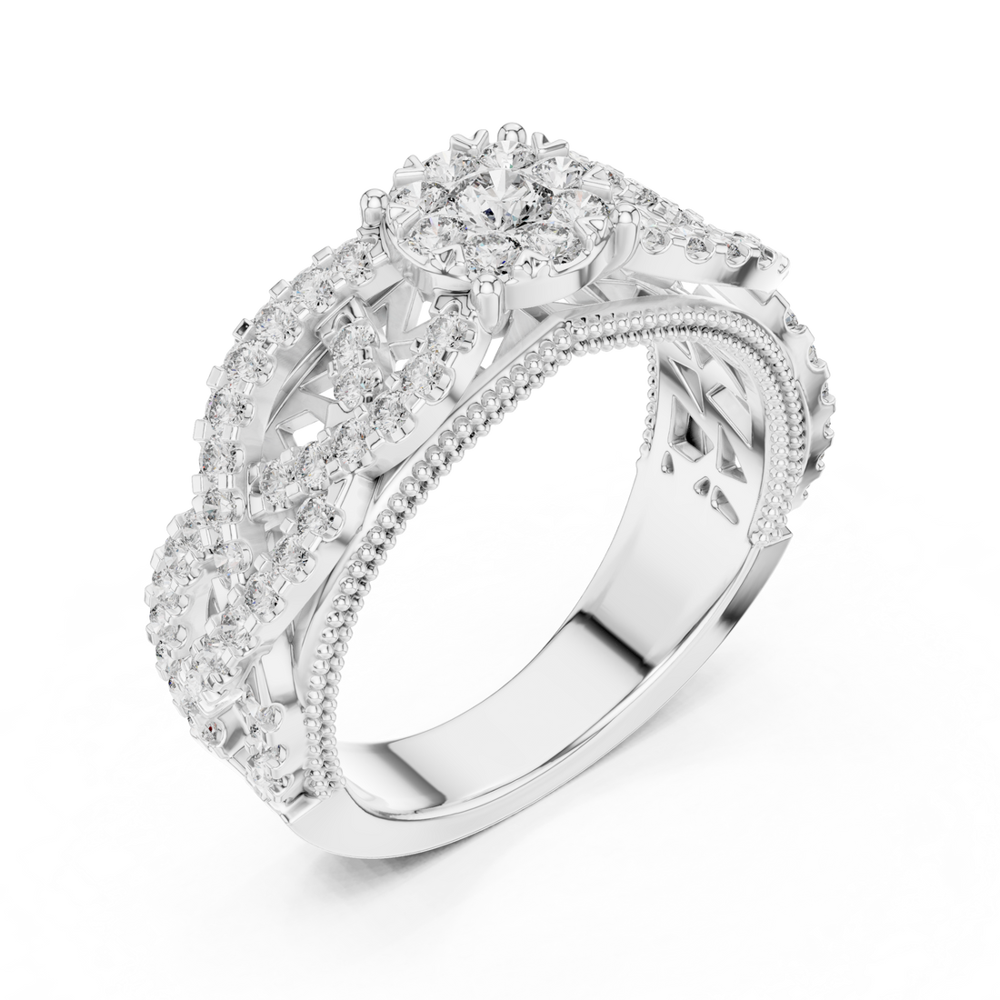 Round Cut Diamond Floral Cluster Band Ring with Pavé Side Accents