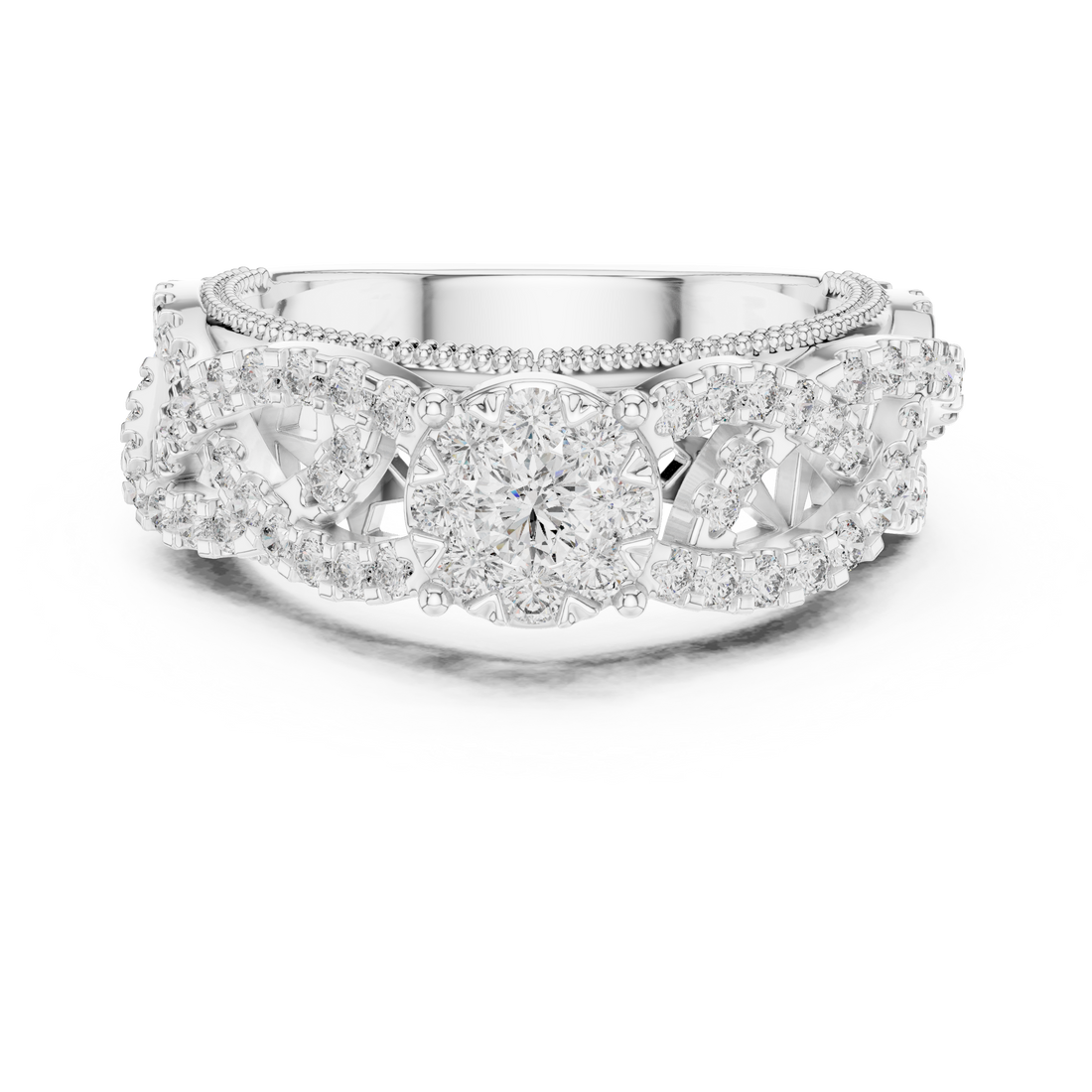 Round Cut Diamond Floral Cluster Band Ring with Pavé Side Accents