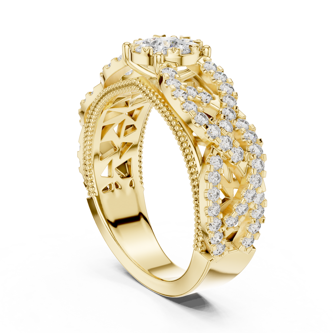 Round Cut Diamond Floral Cluster Band Ring with Pavé Side Accents