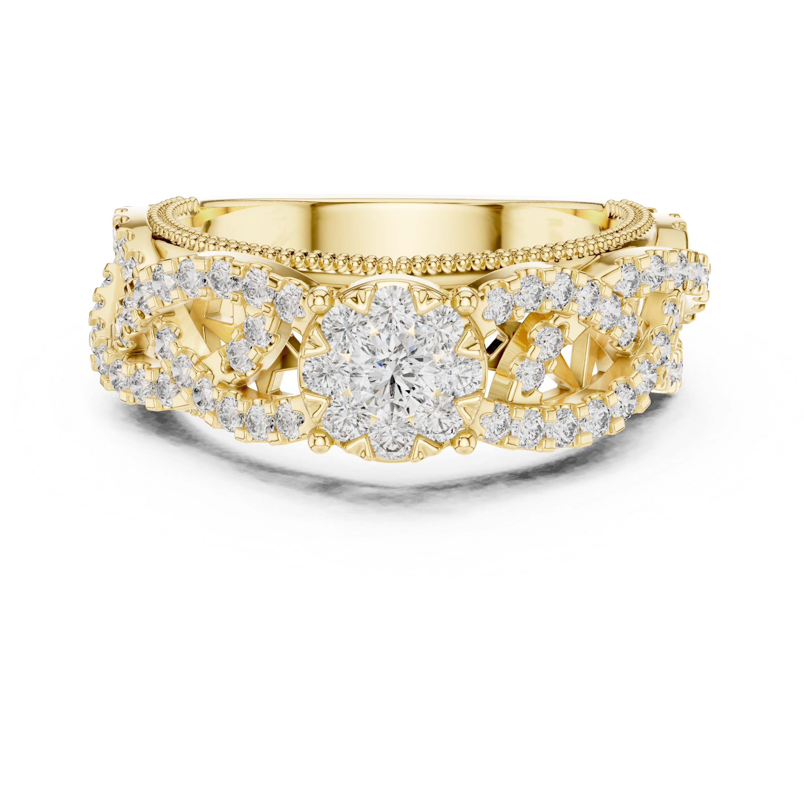 Round Cut Diamond Floral Cluster Band Ring with Pavé Side Accents