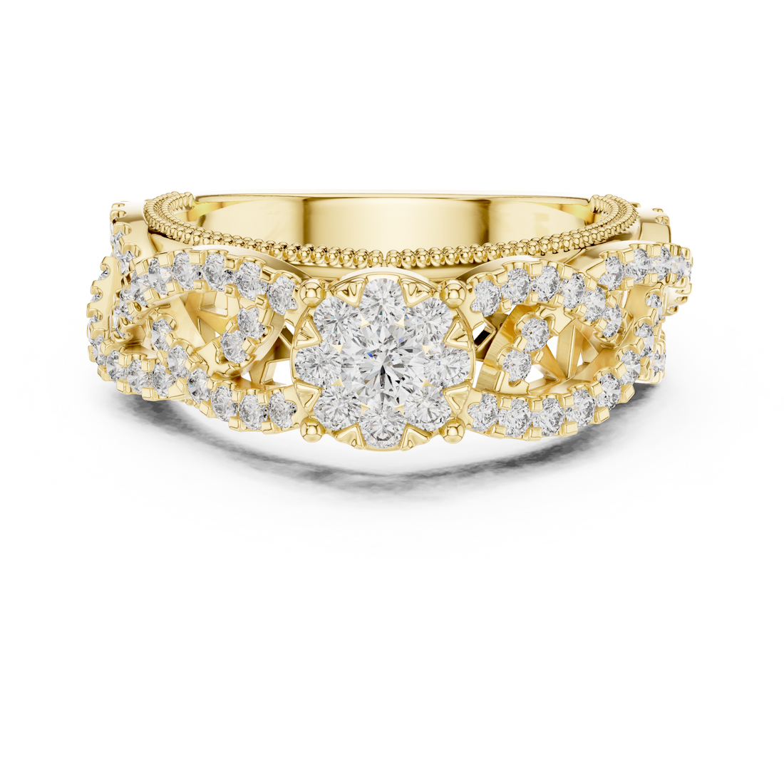 Round Cut Diamond Floral Cluster Band Ring with Pavé Side Accents