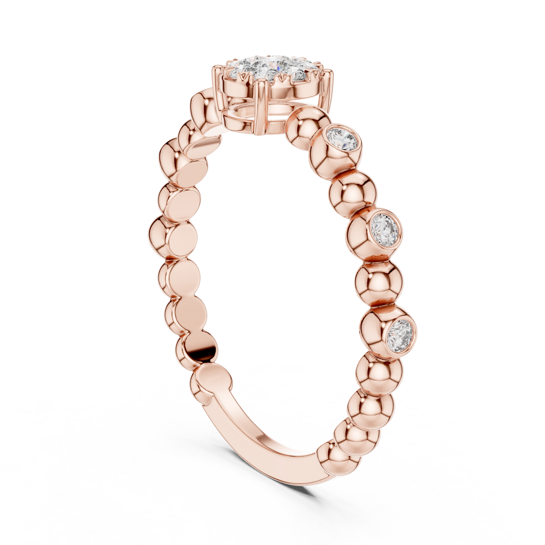 Round Cut Diamond Beaded Solitaire Band Ring