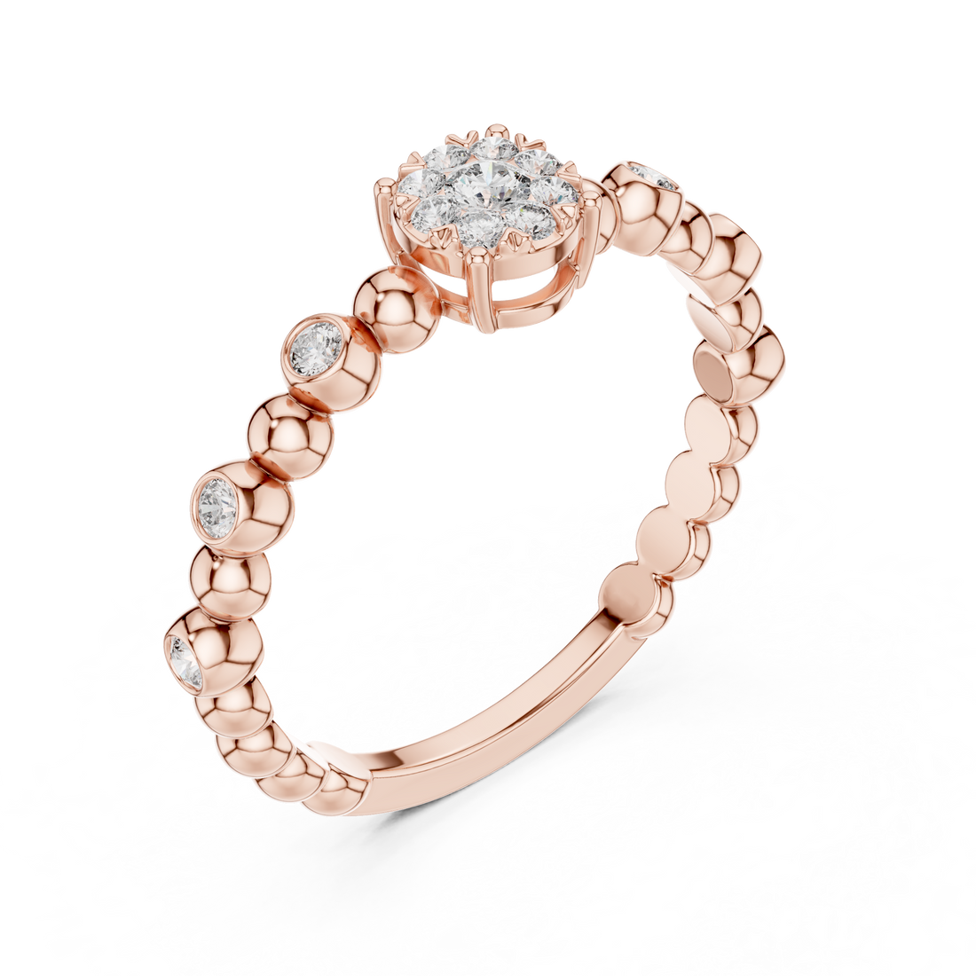 Round Cut Diamond Beaded Solitaire Band Ring