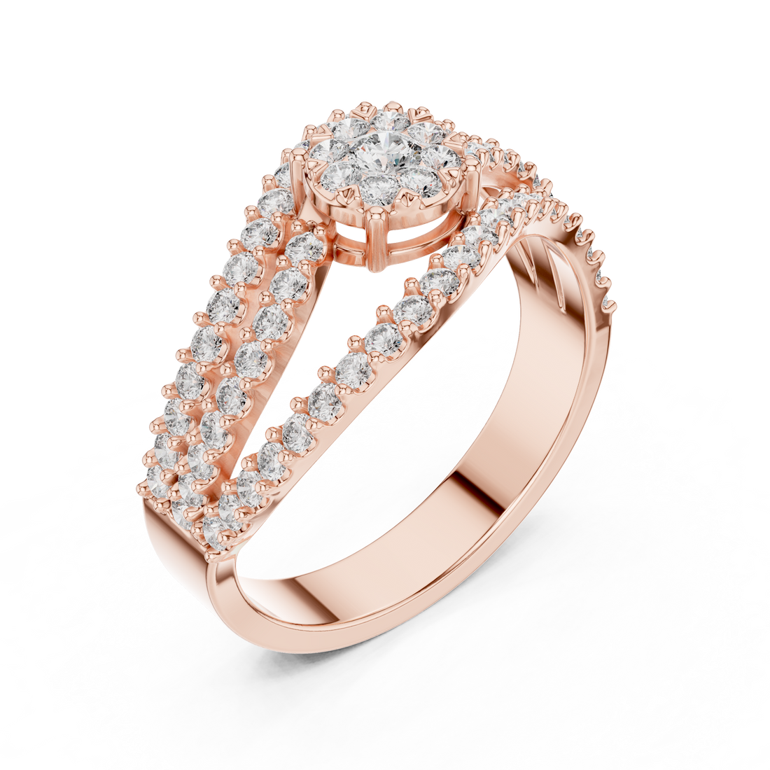 Round Cut Diamond Floral Cluster Halo Twist Band Ring