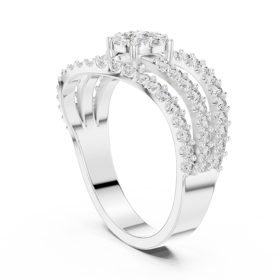 Round Cut Diamond Floral Cluster Halo Twist Band Ring