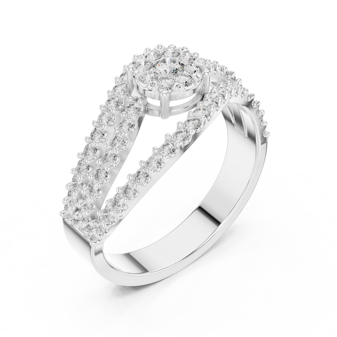 Round Cut Diamond Floral Cluster Halo Twist Band Ring