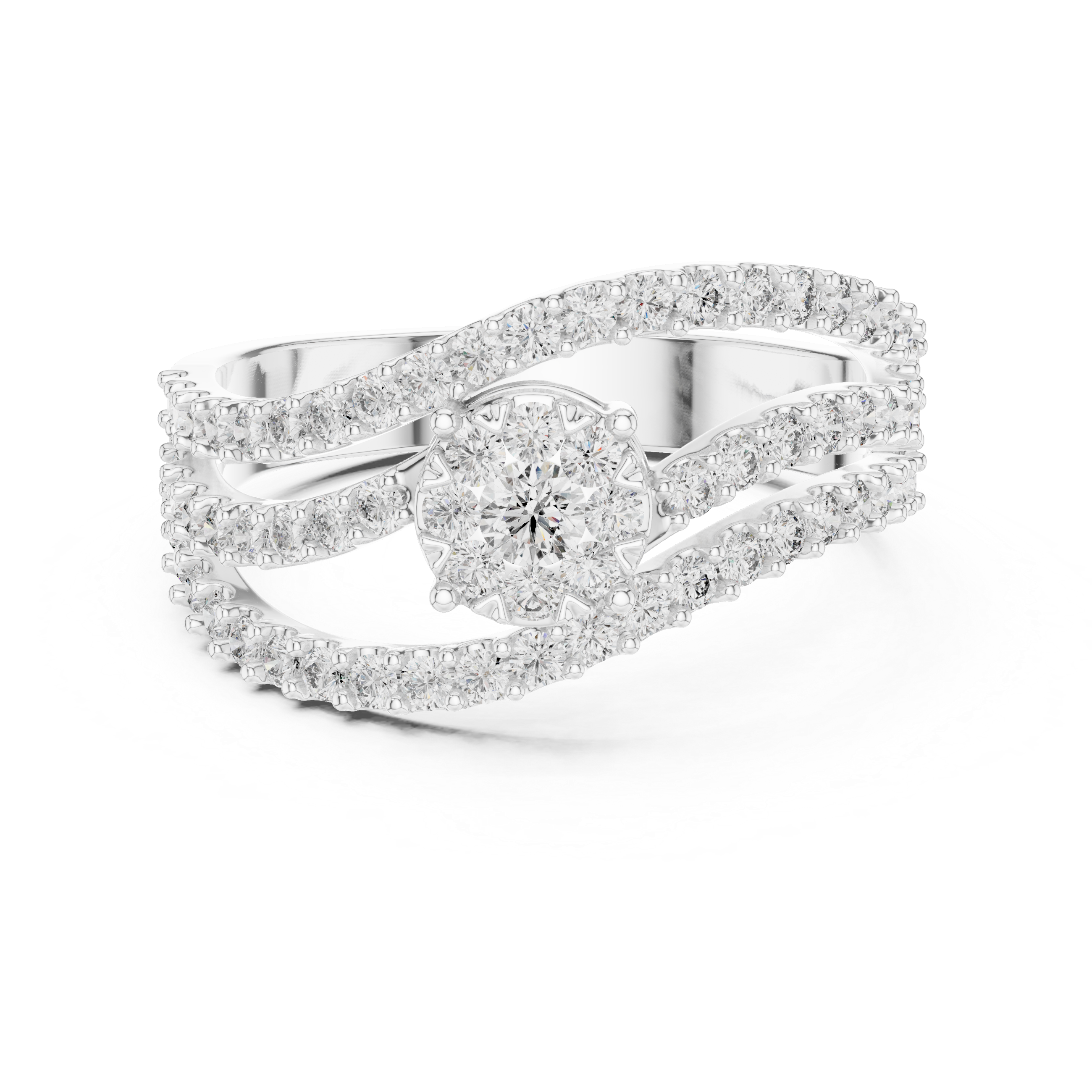 Round Cut Diamond Floral Cluster Halo Twist Band Ring