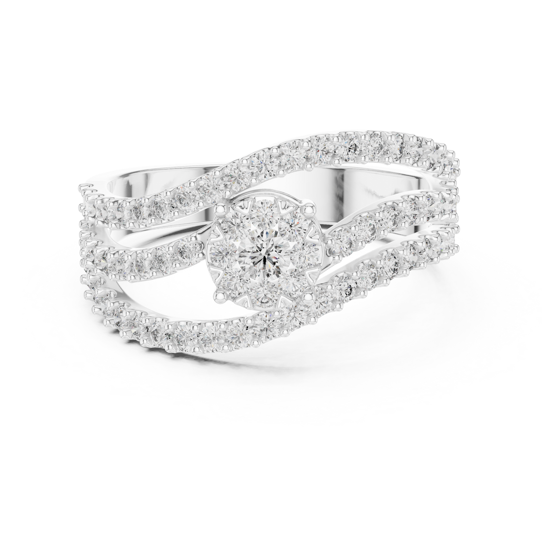 Round Cut Diamond Floral Cluster Halo Twist Band Ring