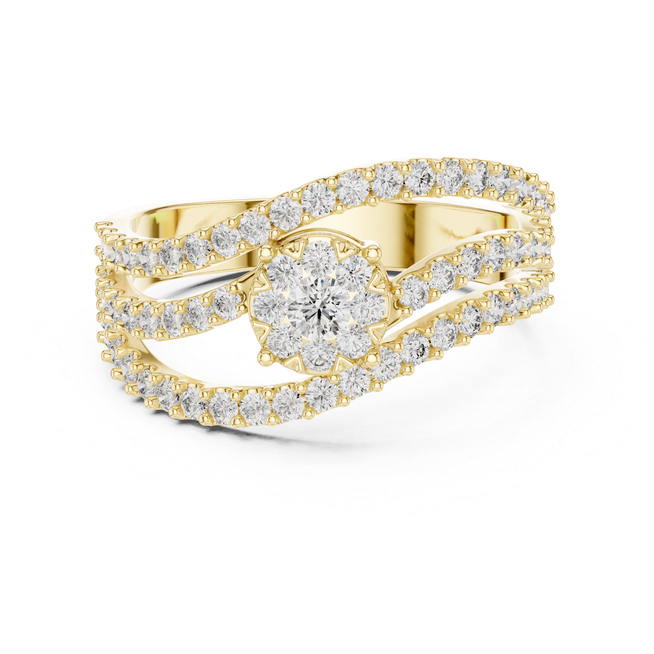 Round Cut Diamond Floral Cluster Halo Twist Band Ring