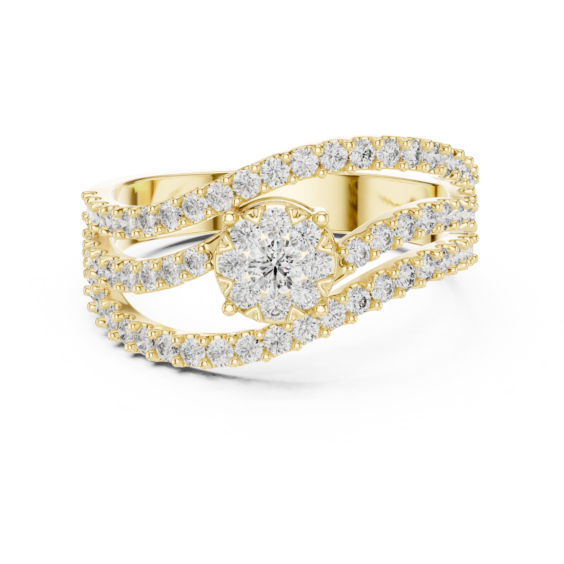 Round Cut Diamond Floral Cluster Halo Twist Band Ring