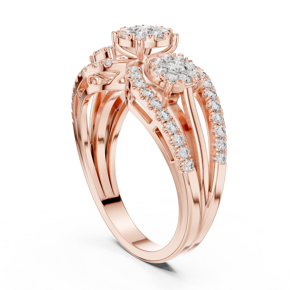 Round Cut Diamond Three Stone Floral Halo Band Ring