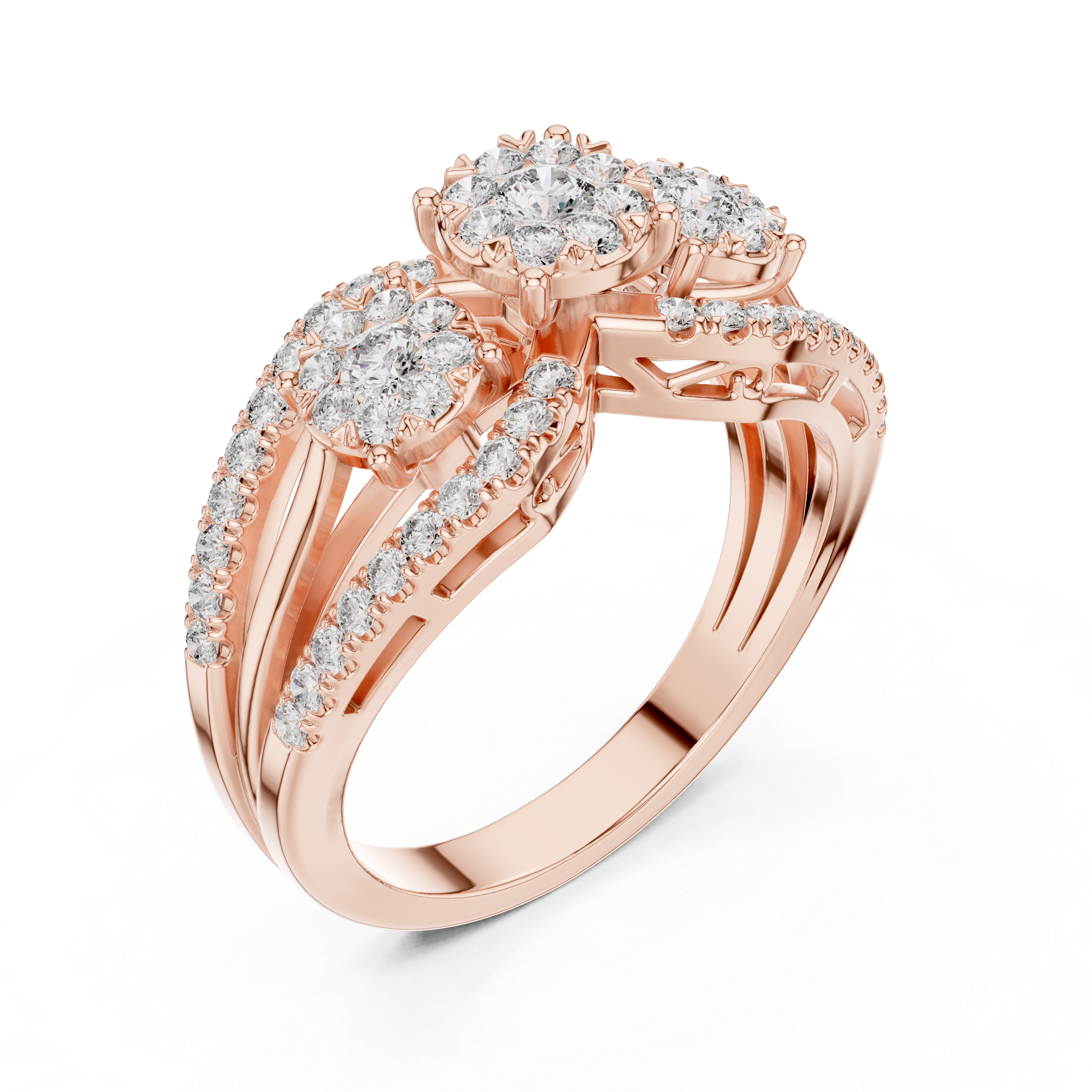 Round Cut Diamond Three Stone Floral Halo Band Ring