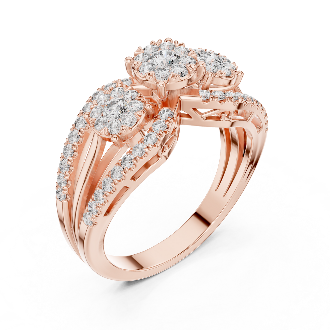 Round Cut Diamond Three Stone Floral Halo Band Ring