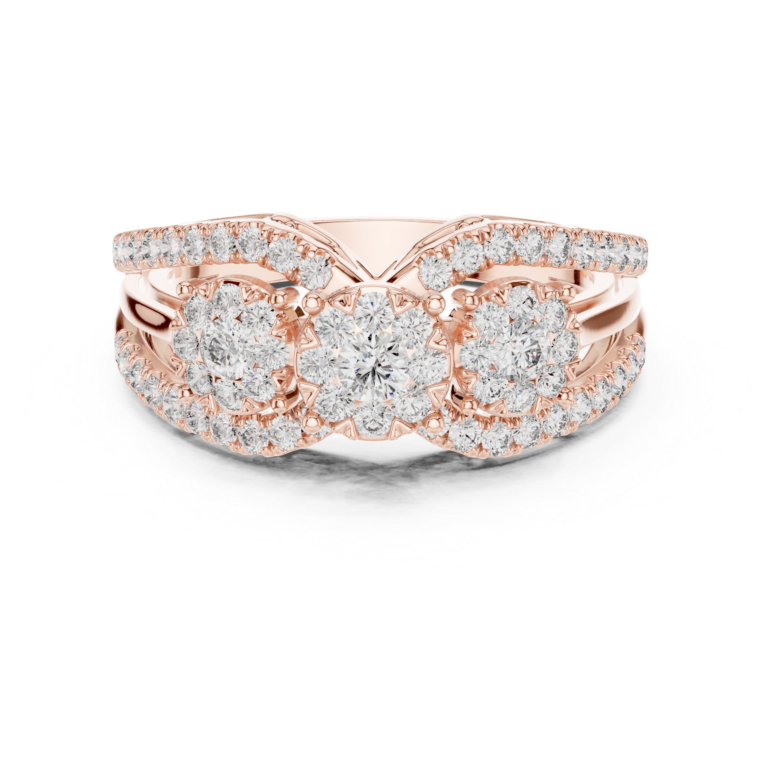 Round Cut Diamond Three Stone Floral Halo Band Ring