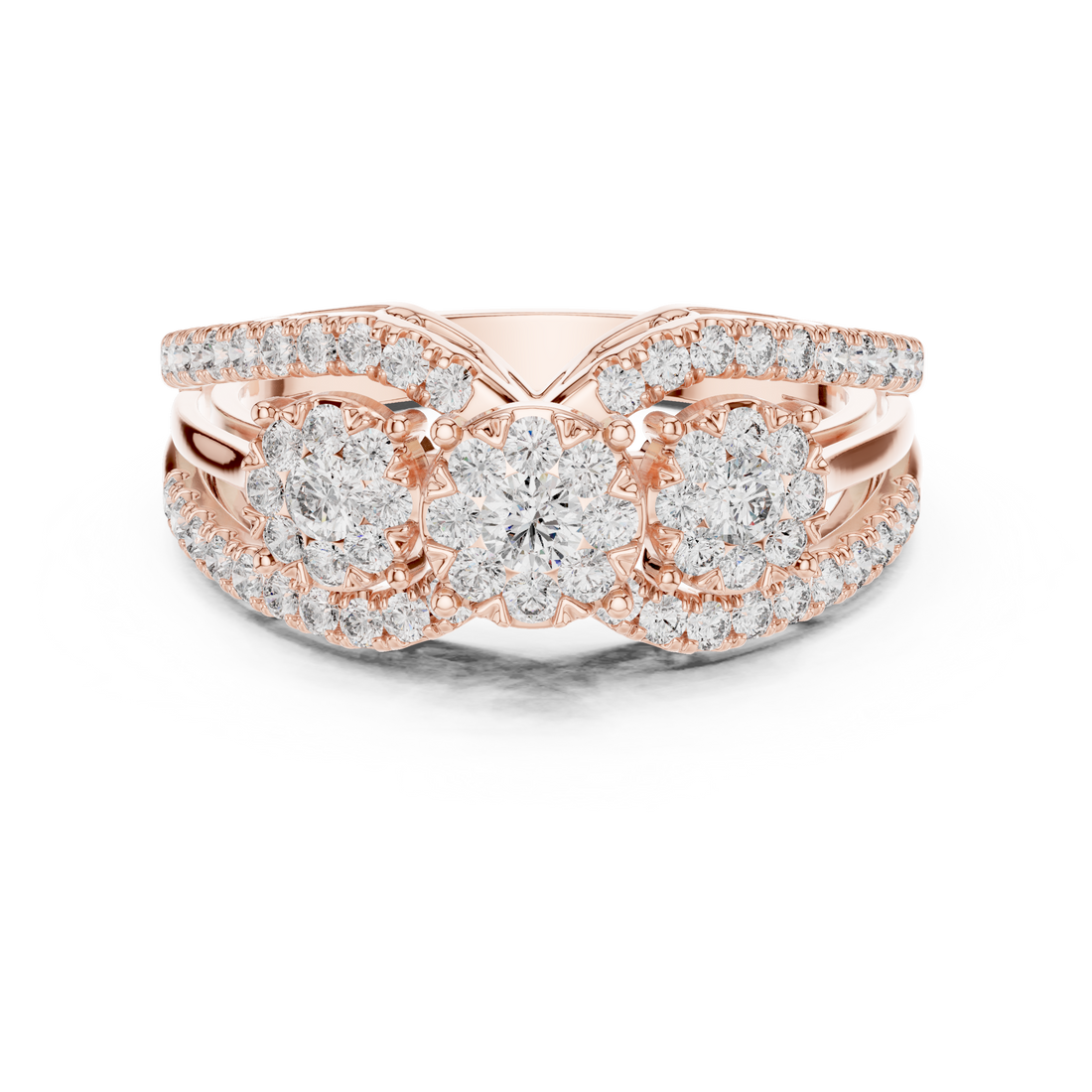 Round Cut Diamond Three Stone Floral Halo Band Ring