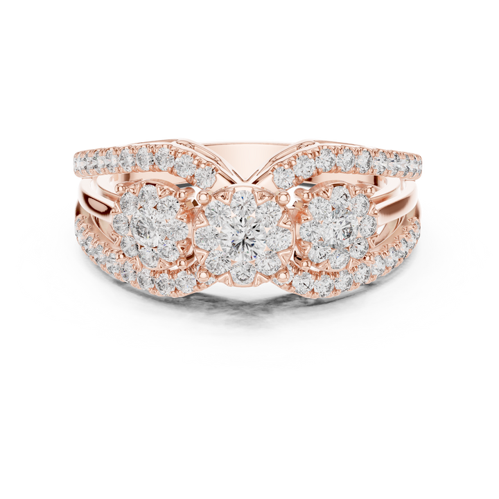 Round Cut Diamond Three Stone Floral Halo Band Ring