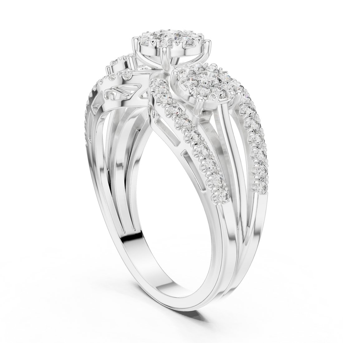 Round Cut Diamond Three Stone Floral Halo Band Ring