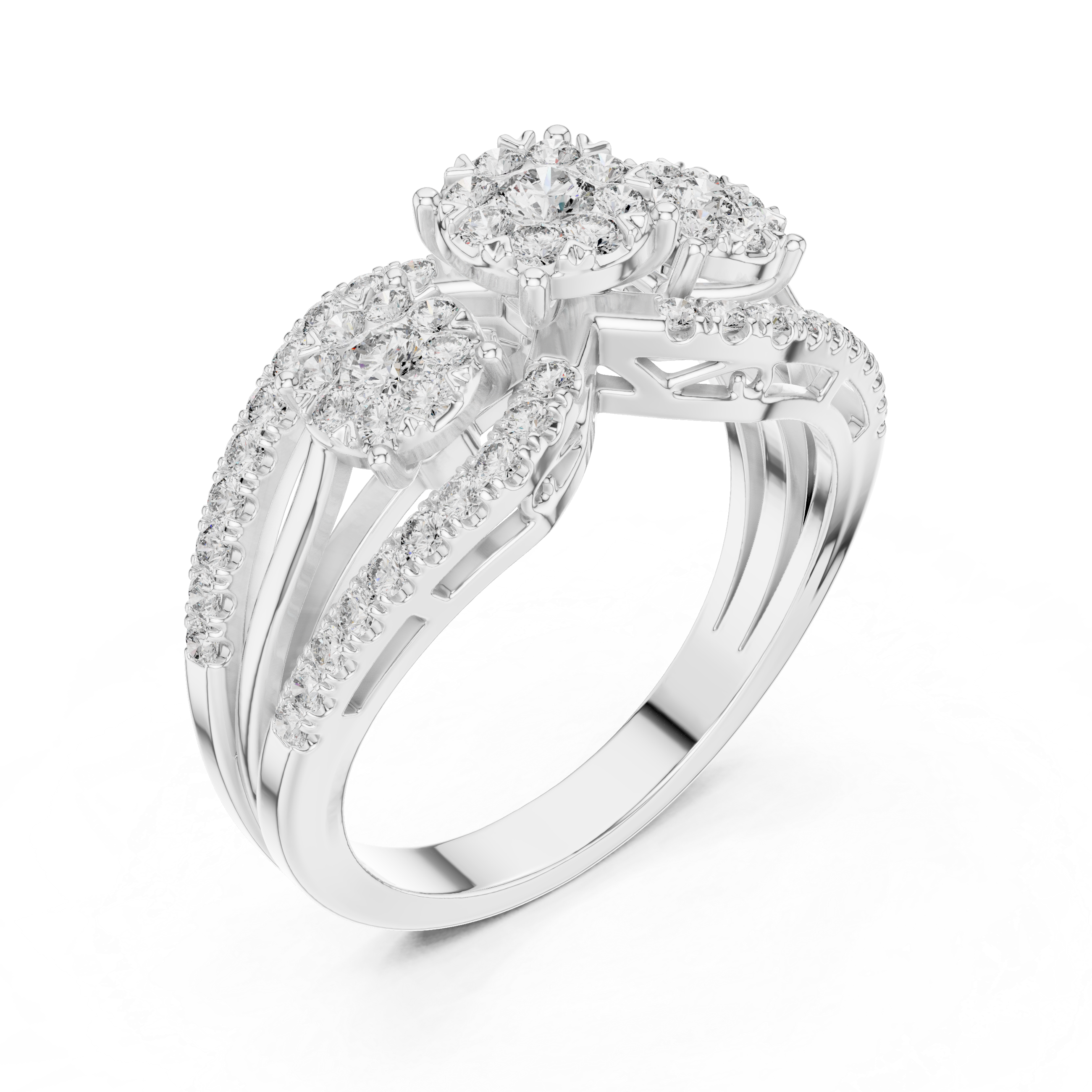 Round Cut Diamond Three Stone Floral Halo Band Ring
