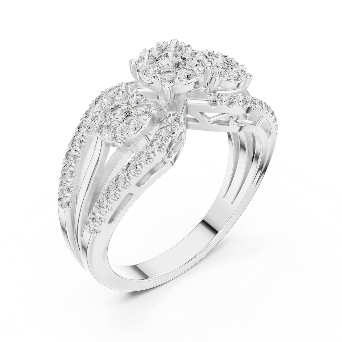 Round Cut Diamond Three Stone Floral Halo Band Ring