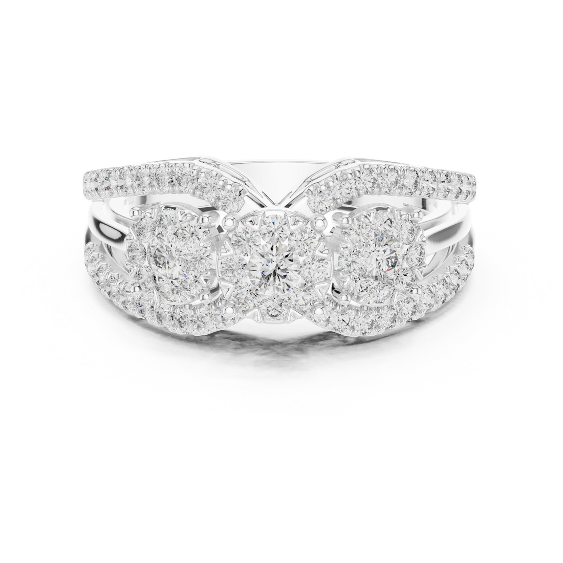 Round Cut Diamond Three Stone Floral Halo Band Ring