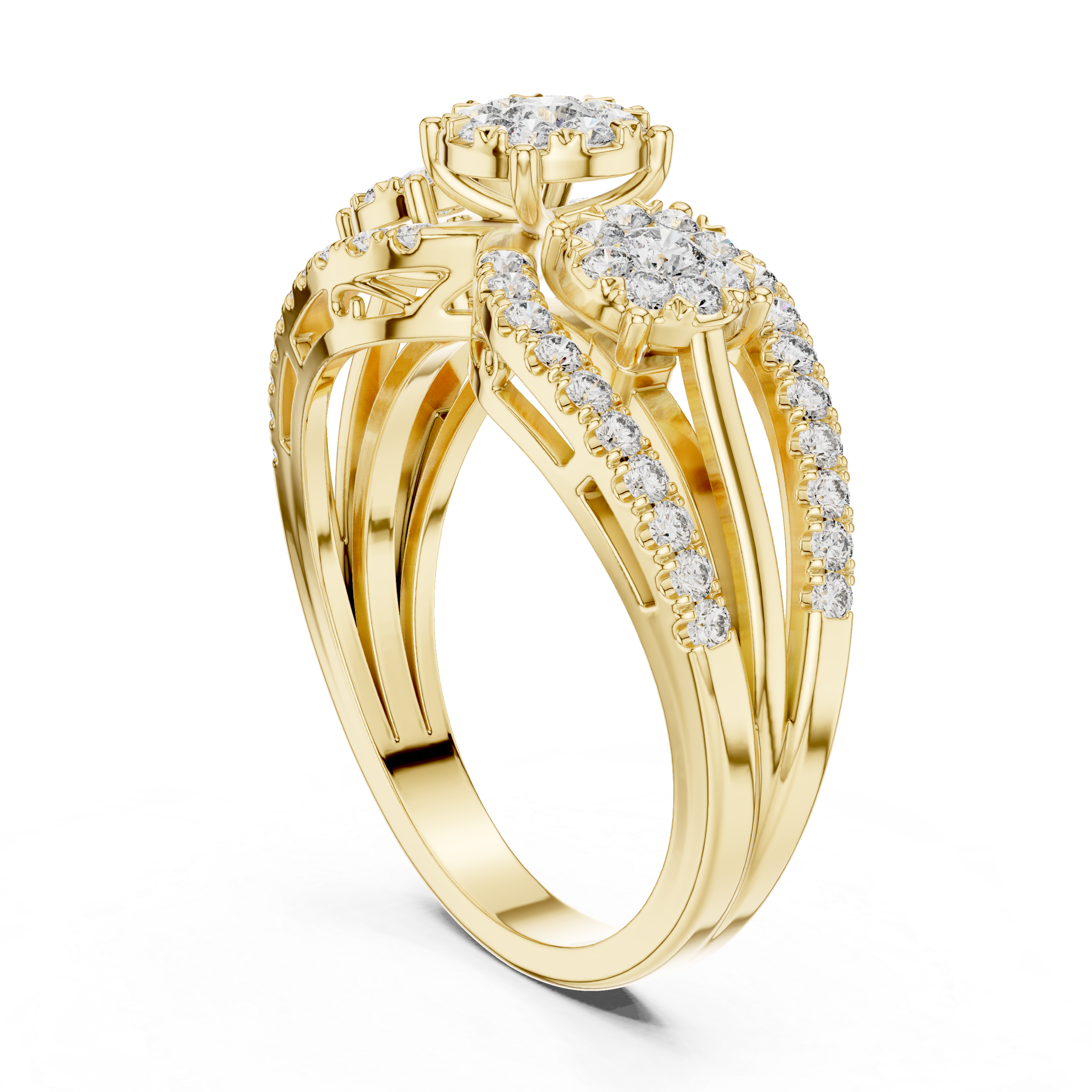 Round Cut Diamond Three Stone Floral Halo Band Ring
