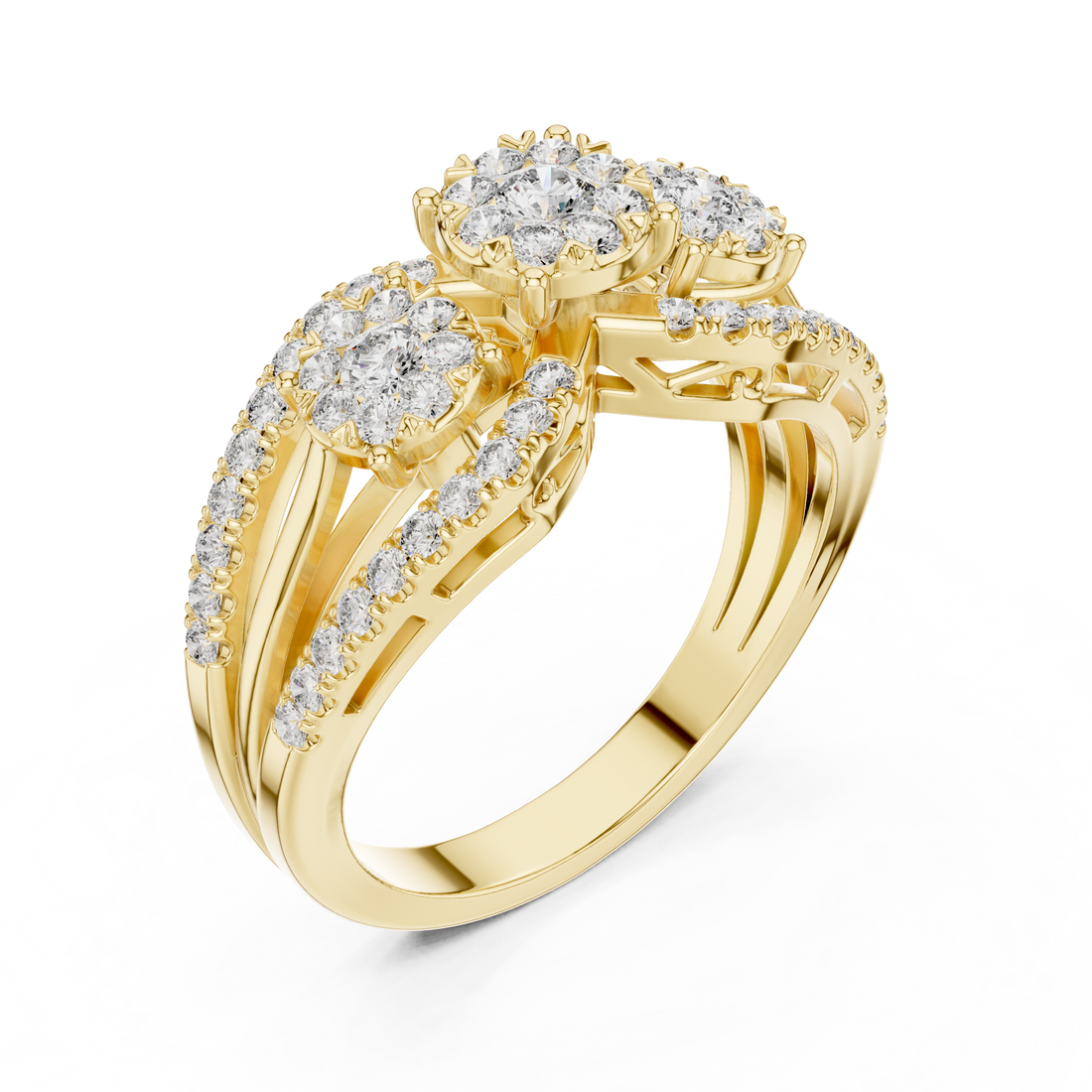 Round Cut Diamond Three Stone Floral Halo Band Ring