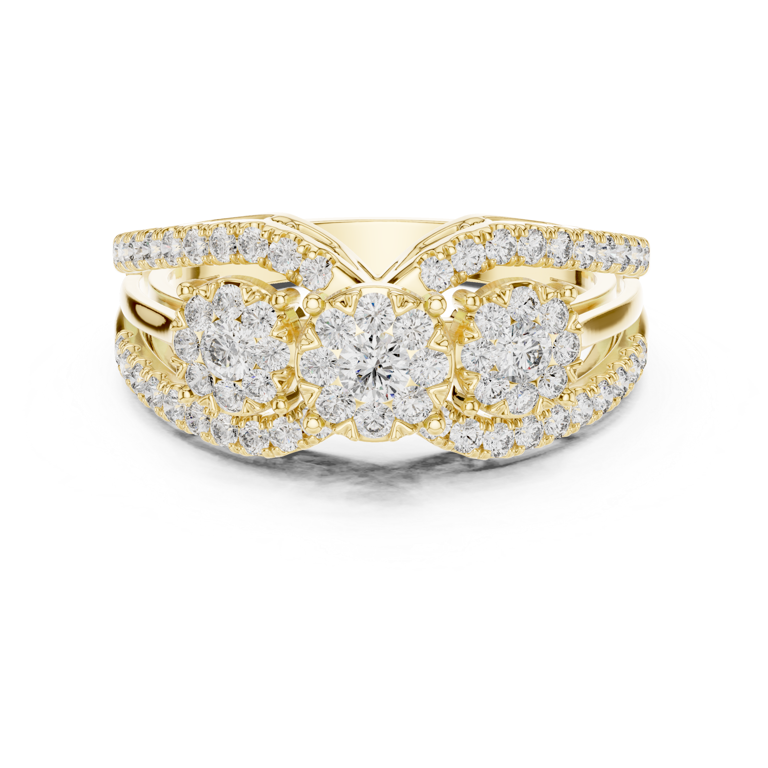 Round Cut Diamond Three Stone Floral Halo Band Ring