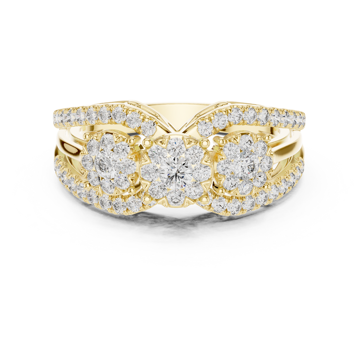 Round Cut Diamond Three Stone Floral Halo Band Ring