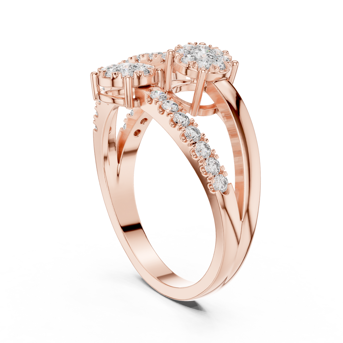 Round Cut Diamond Three Stone Floral Cluster Twist Ring