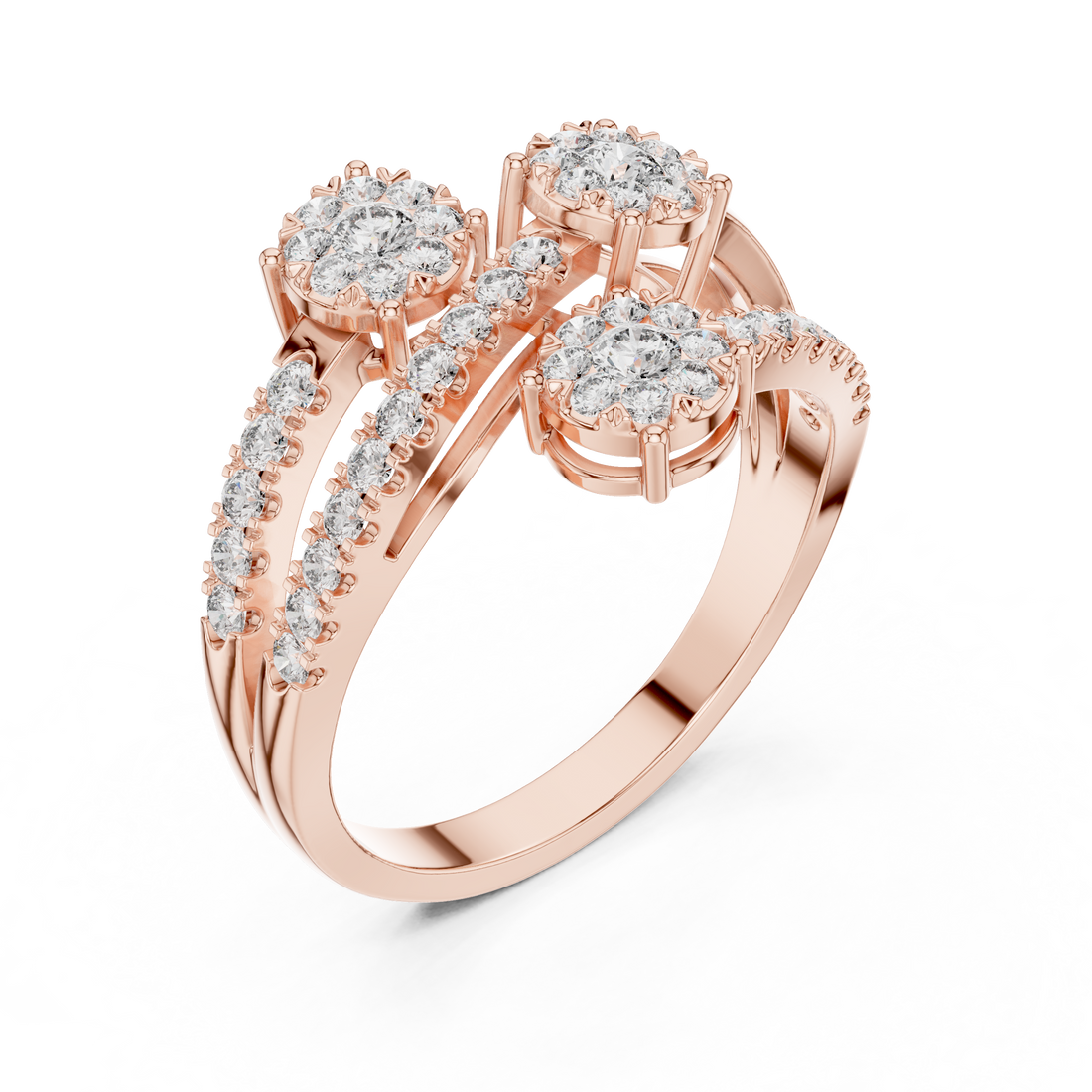 Round Cut Diamond Three Stone Floral Cluster Twist Ring