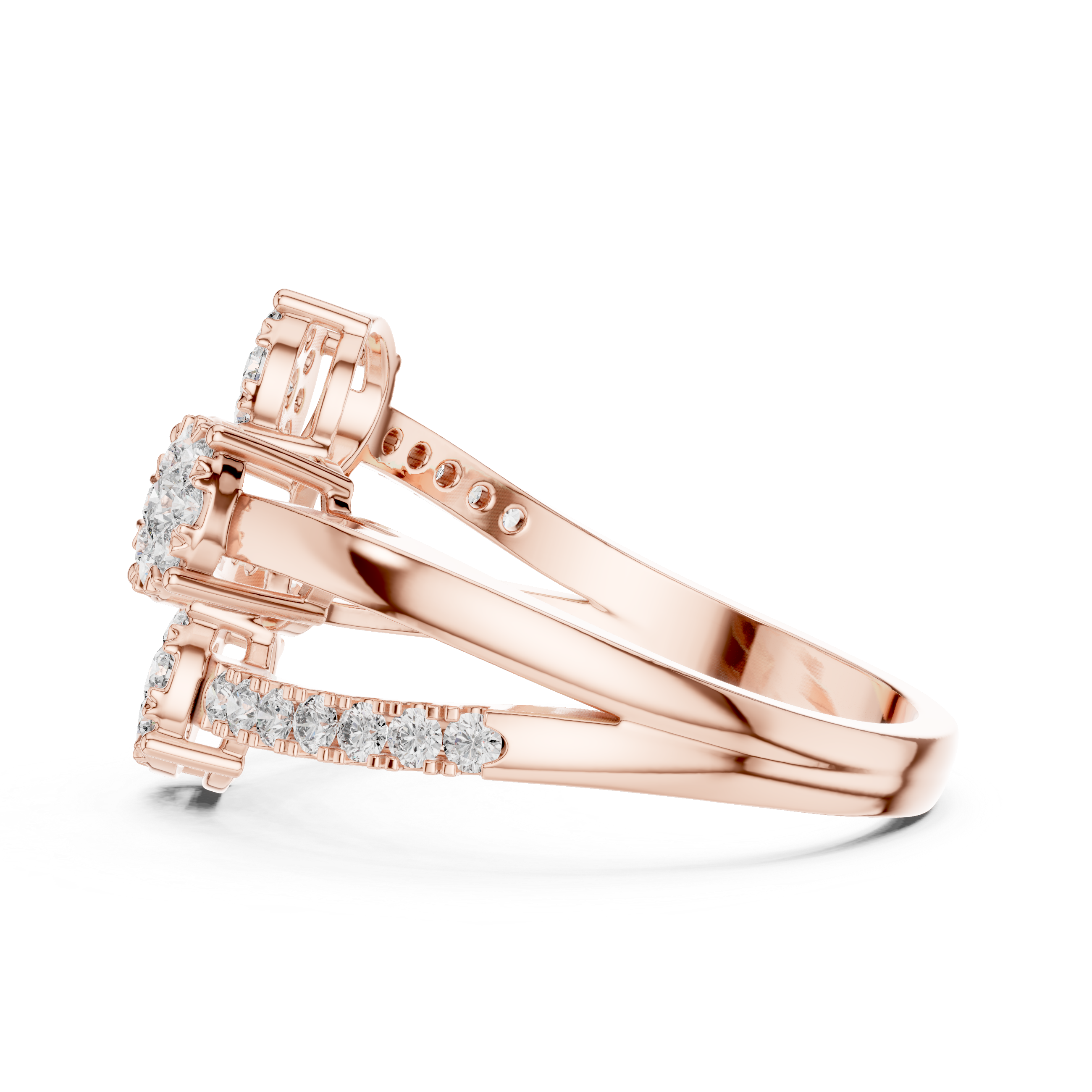 Round Cut Diamond Three Stone Floral Cluster Twist Ring