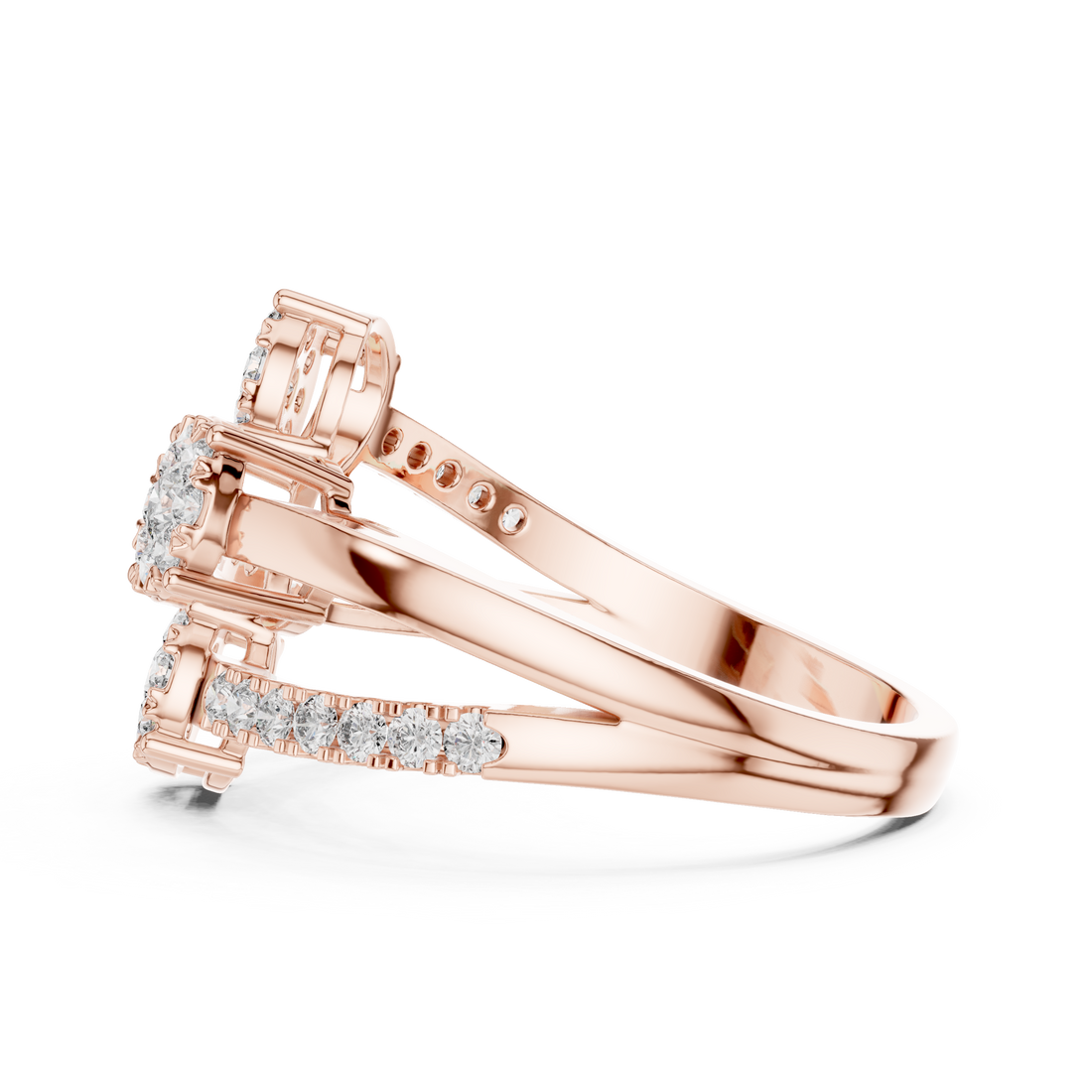 Round Cut Diamond Three Stone Floral Cluster Twist Ring